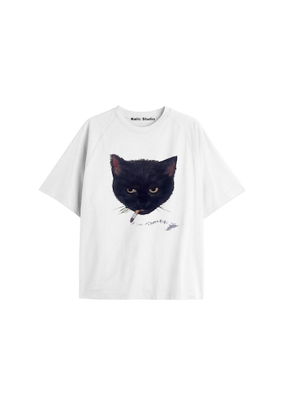 Kalic Studio Y2k Vintage Kedi Oversize T-shirt Beyaz Sarı