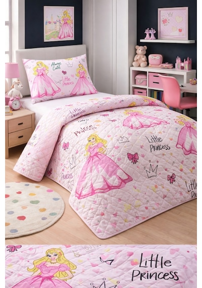 Kız Çocuk Genç Pike Yatak Örtüsü Takımı Prenses Desen Kapitone Pamuklu 4 Mevsim Çarşafsız 160x230 Pembe