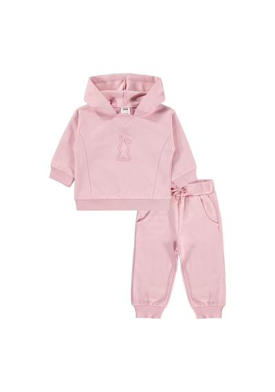 Civil Baby Tavşan Baskılı Kapşonlu Basic 6-18 Ay Takım - Pembe Koyu Pastel Pembe
