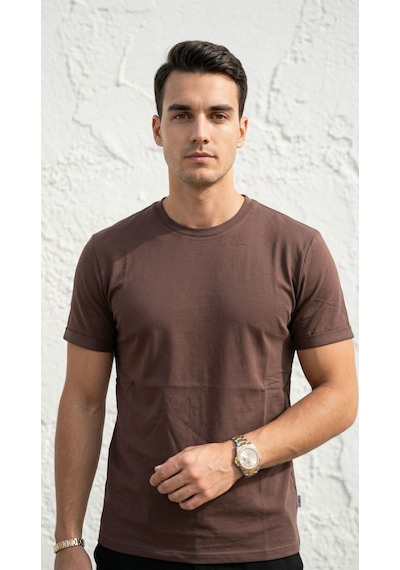 Plus Scorpion T02 Kol Katlama Erkek Slim Fit Basic Tişört Bisiklet Yaka, Düz Kumaş, Yazlık Model Kahverengi