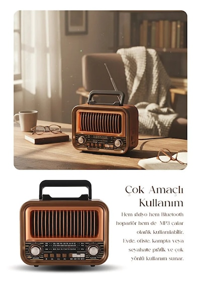 Ahşap Tasarım Retro Nostaljik Hoparlör Şarj Edilebilir Fm/am/sw Bluetooth Radyo