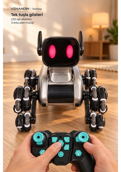 2950-1 Spindog Çift Kumandalı Işıklı Müzikli Robot Köpek, Şarjlı, 2,4 Ghz, 8 Tekerlekli, 6+ Yaş