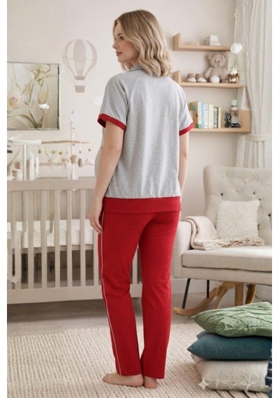 Mecit Pijama Mecit 6352 Kırmızı Bayan Yelekli Hamile Lohusa Pijama Takımı