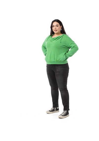 Büyük Beden Degaje Kapüşonlu Yaka Cepli Parça Boyalı Üç İplik Yeşil Sweatshirt-yeşil Yeşil