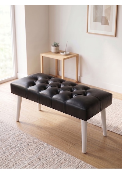Modern Kapitoneli Siyah Deri Kumaş Bench Puf Oturma Bankı Ahşap Beyaz Ayaklı Demonte 90x45