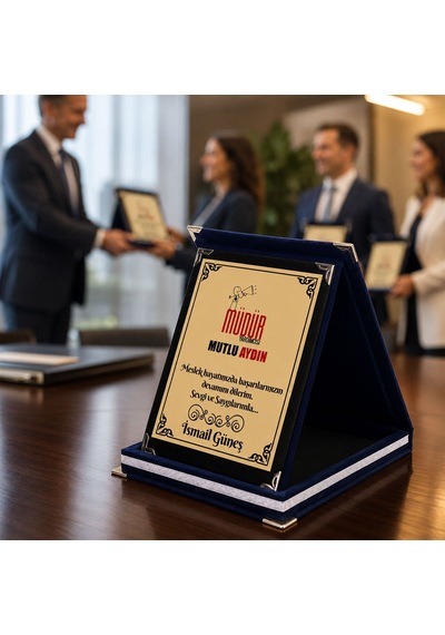 Logonuza Özel 5 Adet Mesajlı Lacivert Kadife Albüm Plaket Kurumsal Ödül Ve Teşekkür Seti