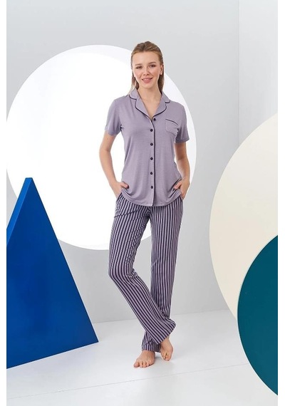 Pjs 24156 Kadın Çizgili Düğmeli Pijama Takım 001