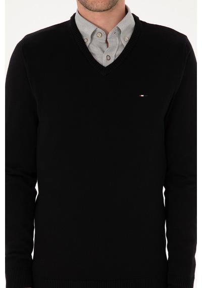 U.S. Polo Assn. Erkek Slim Fit V Yaka Siyah Basic Kazak 50313668-VR046