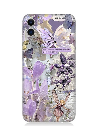 Apple Uyumlu iPhone 11 Uyumlu Mor Çiçekler Desenli Silikon Kılıf -