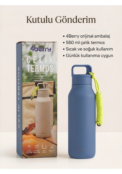 Çelik Termos 560 Ml Paslanmaz Çelik Çift Duvarlı Sızdırmaz Kapaklı Askılı Taşınabilir Sıcak Soğuk Termos - Mavi Lacivert