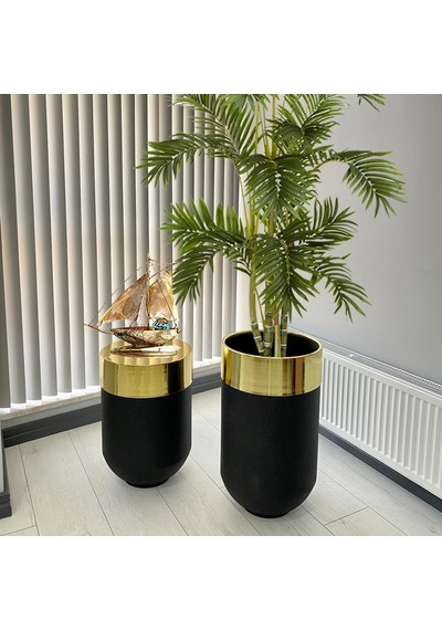 Dekoratif Gold Darbuka Siyah Saksı 70 Cm+sehpa 60 Cm İkili Set