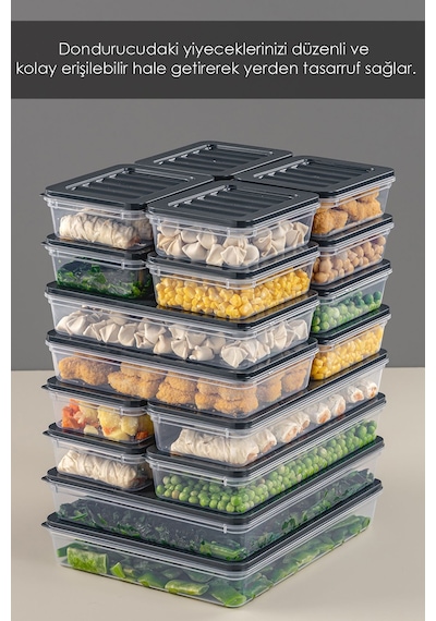 Mikrodalga Ve Difriz Uyumlu 18 Parça Saklama Kabı Seti ,2x2400ml 4x1200ml 4x1170ml 8x600ml, Antrasit Antrasit