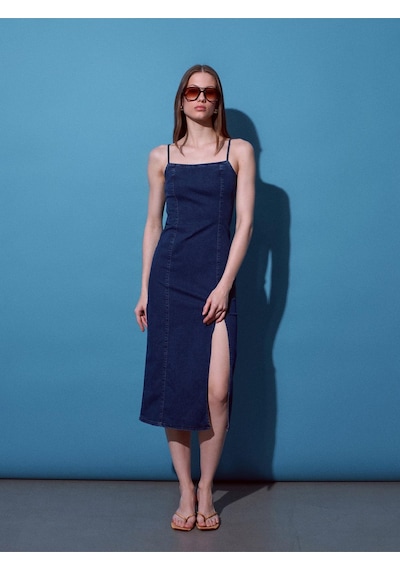 Dilvin 90584 Denim Yırtmaçlı Elbise-mavi-15321