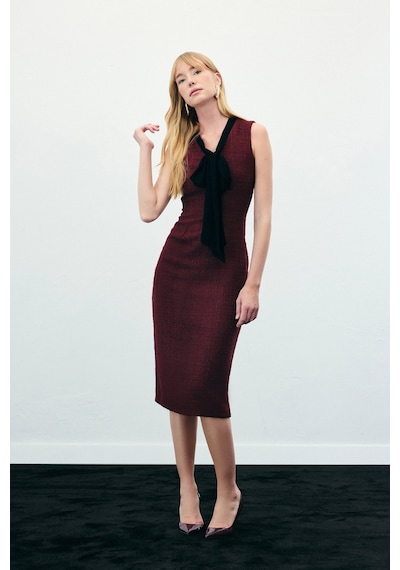 Sateen Fularlı Kolsuz Tüvit Elbise - Bordo-136339 Bordo