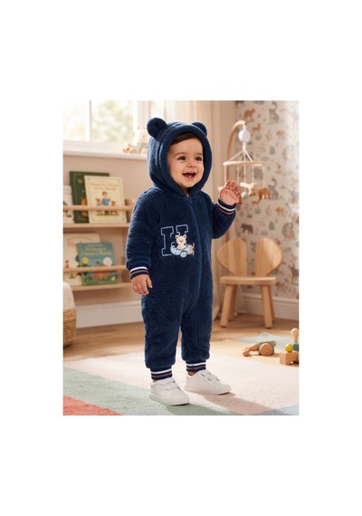 Chicsy Baby Tatlı Pilot Ayıcık Nakışlı Bebek Welsoft Tulum Kapüşonlu Kulaklı Fermuarlı Kışlık Peluş Tulum Lacivert