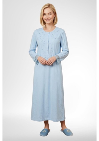 Mecit Pijama Mecit 6375 Mavi Kadın %100 Pamuk Uzun Kollu Gecelik