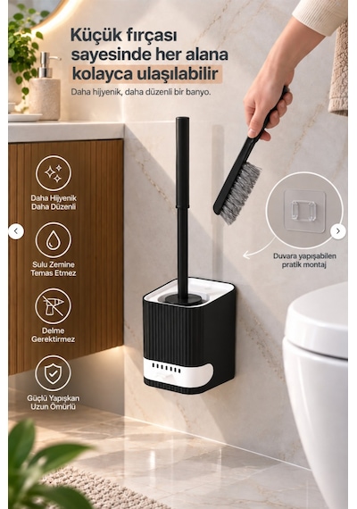 Porsima 2li Banyo Seti Yapışkanlı Banyo Tuvalet Kağıtlığı Tuvalet Fırçası Peçetelik Tuvalet Fırçalığı Siyah