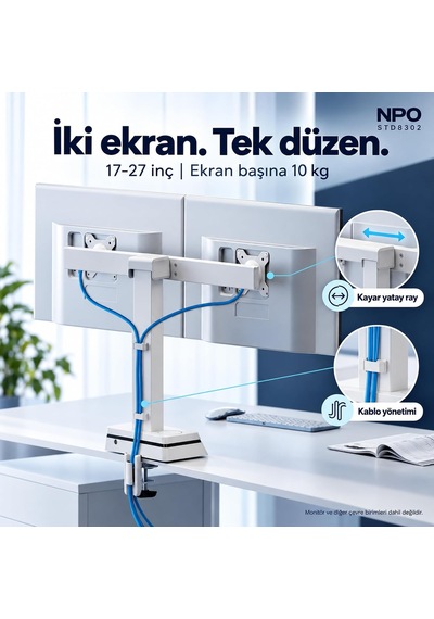 Std8302 Yüz Algılayıcılı Otomatik Ayarlı 17-27 20kg Kablosuz Şarjlı Vesa Çift Monitör Tutucu
