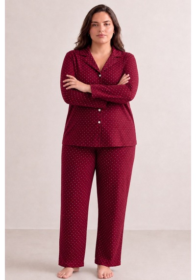 Kadın Rahat Puantiyeli Düğmeli Kırmızı Pijama Takımı 824