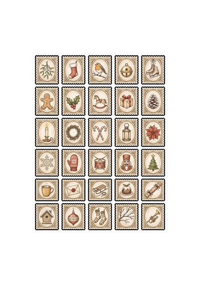 30 Adet Nostaljik Yılbaşı Pulu Sticker Seti - Ajanda Scrapbook Laptop İçin Çok Renkli