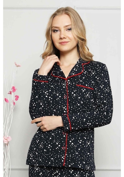 Farya Home Dreamy Yıldız Desenli Biyeli Gömlek Pijama Takımı Lacivert