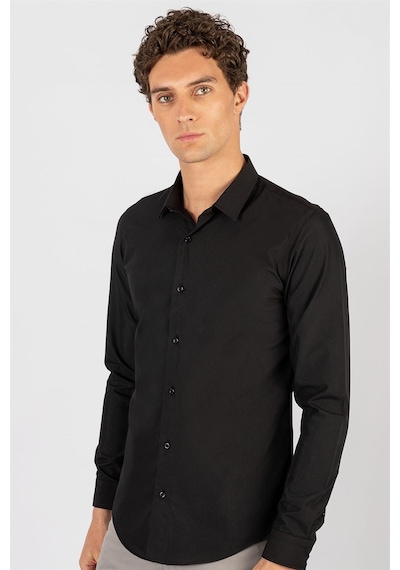 Tudors 16180 Slim Fit Dar Kesim Küçük Yaka Düz Erkek Gömlek Siyah