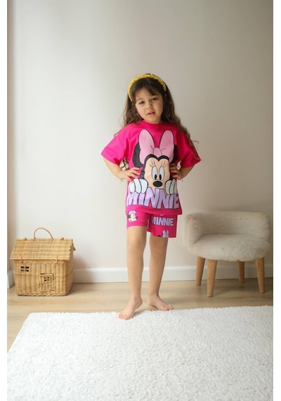 Miniko Kids Kız Çocuk Karakter Modelli Baskılı Şortlu Pamuk Takım Pembe
