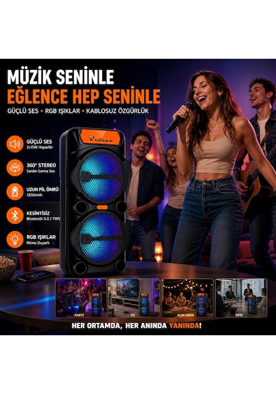 Büyük Boy Rgb Işıklı Hoparlör, 2x15w Güçlü Bass, Kablosuz Mikrofonlu, 360 Stereo Ses, Bluetooth Tws, Usb Aux