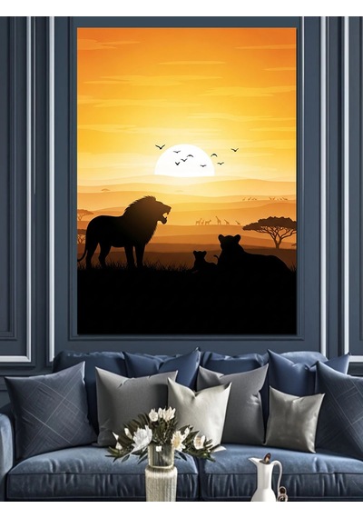 Ahşap Tablo Afrika Savanasında Aslan Ailesi Silüeti