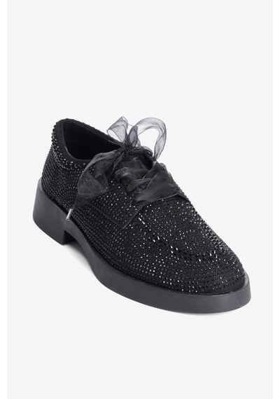 Mubiano Kadın Süet Loafer Oxford Taşlı Tül Bağcıklı Pera Siyah