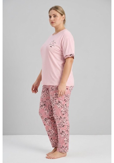 Lukitus Büyük Beden Kısa Kollu Milan Kumaş Kadın Pijama Takımı Açık Pembe