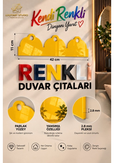 Lucitart 2.8 Mm Renkli Pleksi Duvar Çıtası 42x11 Cm Parlak Dekoratif Duvar Bordürü Boyama Gerektirmez Pleksi Duvar Çıtası Sarı