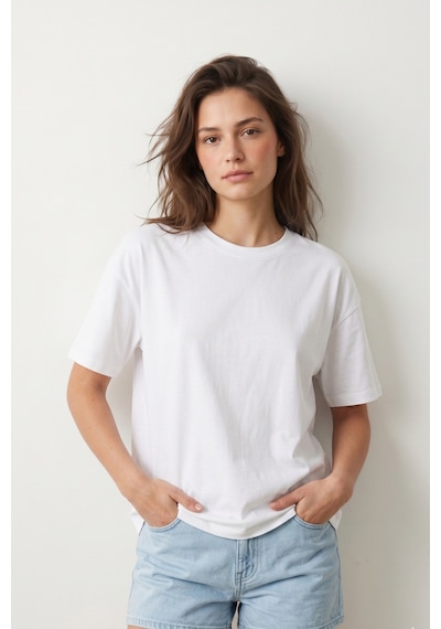 Elemge Pamuk Süprem Kadın Boxy Fit Beyaz T-shirt Bol Kesim Düşük Omuzlu Bisiklet Yaka Oversize Tişört