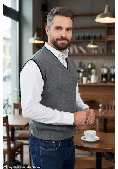 Kamalı Erkek Gri Tüylenme Yapmayan Anti Pilling Kumaş Standart Fit Normal Kesim V Yaka Triko Süveter
