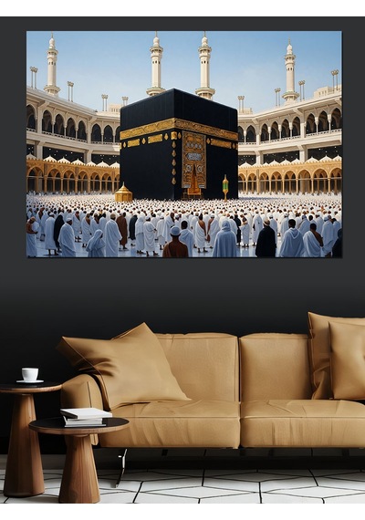 Ahşap Tablo Kabe Etrafında İbadet Eden Kalabalık