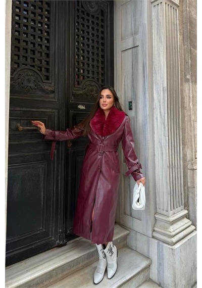 Neşeli Butik Kadın Yaka Çıkarılabilir Kürk Detaylı Düğmeli Deri Trençkot Nbstr1001 Bordo