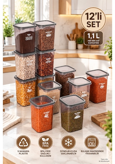 Porsima 4512 Kiler Box 12'li Kare Erzak Saklama Kabı Seti 1,1 Litre Şeffaf Füme Bakliyat, Baharat Ve Mutfak Düzenleyici