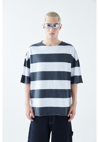 Dijital Baskılı Şeritli %100 Pamuk Oversize Tişört Füme
