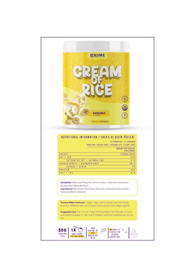 Prime Nutrition Cream Of Rice 750 Gram Banana Muz Aromalı