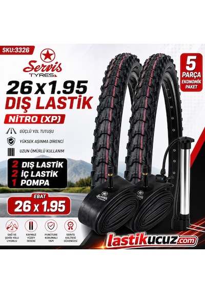Servis 26x1.95 Dış Lastik Nitro Xp Ve İç Lastiği 2'şer Adet Takım Bisiklet Lastiği + 1 Adet Pompa