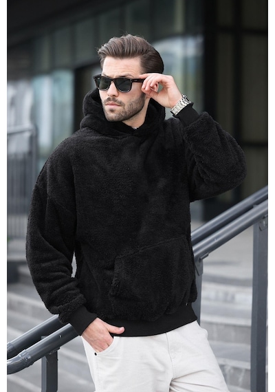 Madmext Siyah Peluş Kapüşonlu Erkek Sweatshirt 6050 Siyah