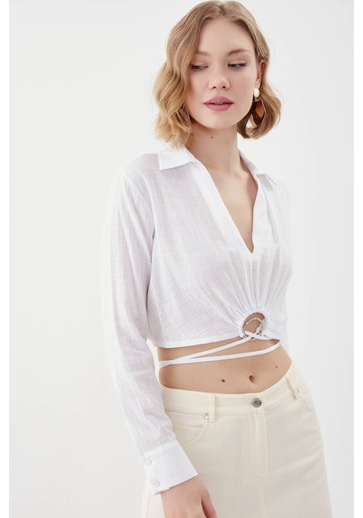 Vitrin Beli Halka Detaylı V Yaka Lastikli Crop Bluz Ekru
