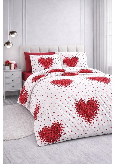Lüks%80 Pamuklu Çift Kişilik Nevresim Takımı Seti Yorgan Kılıfı Kırmızı Kalp Desen 220x200 Cm + Lastikli Battal Boy Çarşaf 180x200x30 Cm +2 Yastık Kılıflı 50x70 Cm Çok Renkli