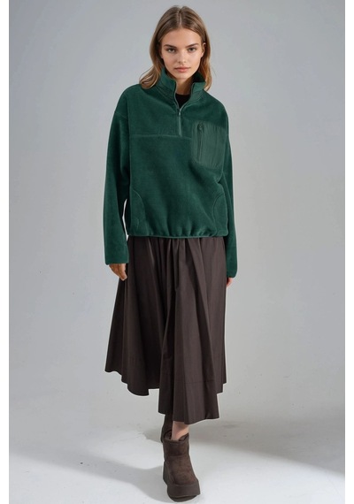Hiccup Busem Fermuarlı Yakalı Peluş Örme Sweatshirt, Cepli Çam Yeşili