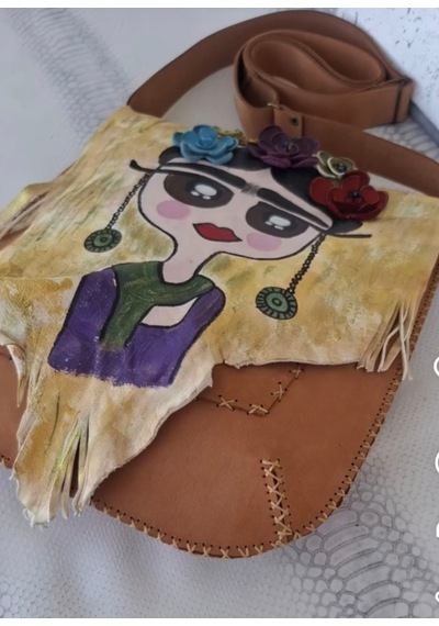 Frida Konseptli Hakiki Deri Tasarım El Yapımı Çanta Açık Camel - Çok Renkli