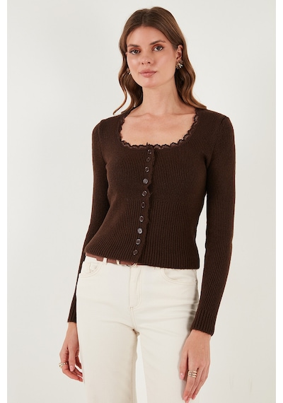 Lela Premium Slim Fit Dantel Detaylı Yaka Örme Bayan Hırka 680Hi00061 Kahve