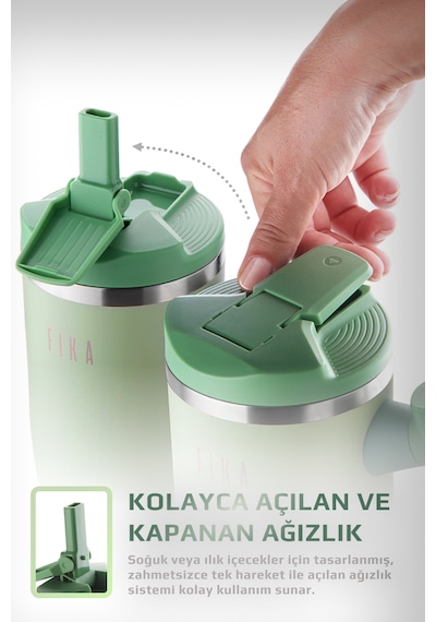 Fika Lumi Patentli Döner Kulplu Sızdırmaz Çelik Termos 1200 Ml - Bej Mint Yeşili