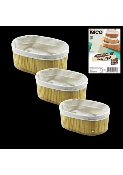 3 Boy Oval Organizer Sepet - Bambu Kenarlı, Ahşap Tabanlı, Bezli Çok Renkli
