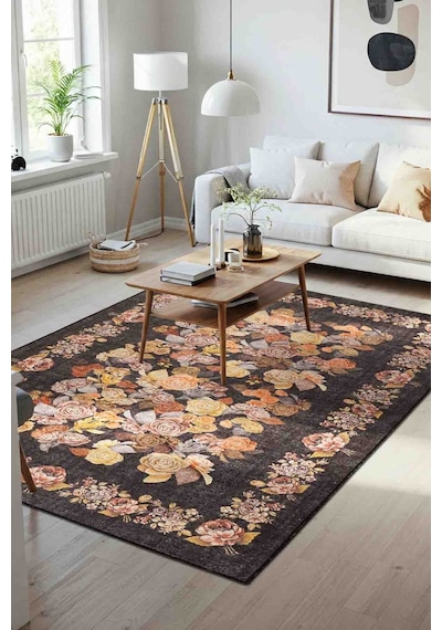 Artloop Florart Siyah Vintage Dokulu Gül Desenli Dokuma Tabanlı Çiçekli Şönil Halı Al 484