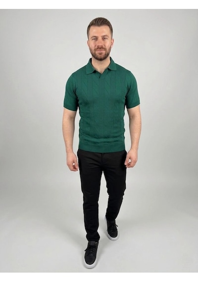 Erkek Yazlık Triko Dokuma Tişört Kısa Kol Polo Yaka T-shirt - Koyu Yeşil
